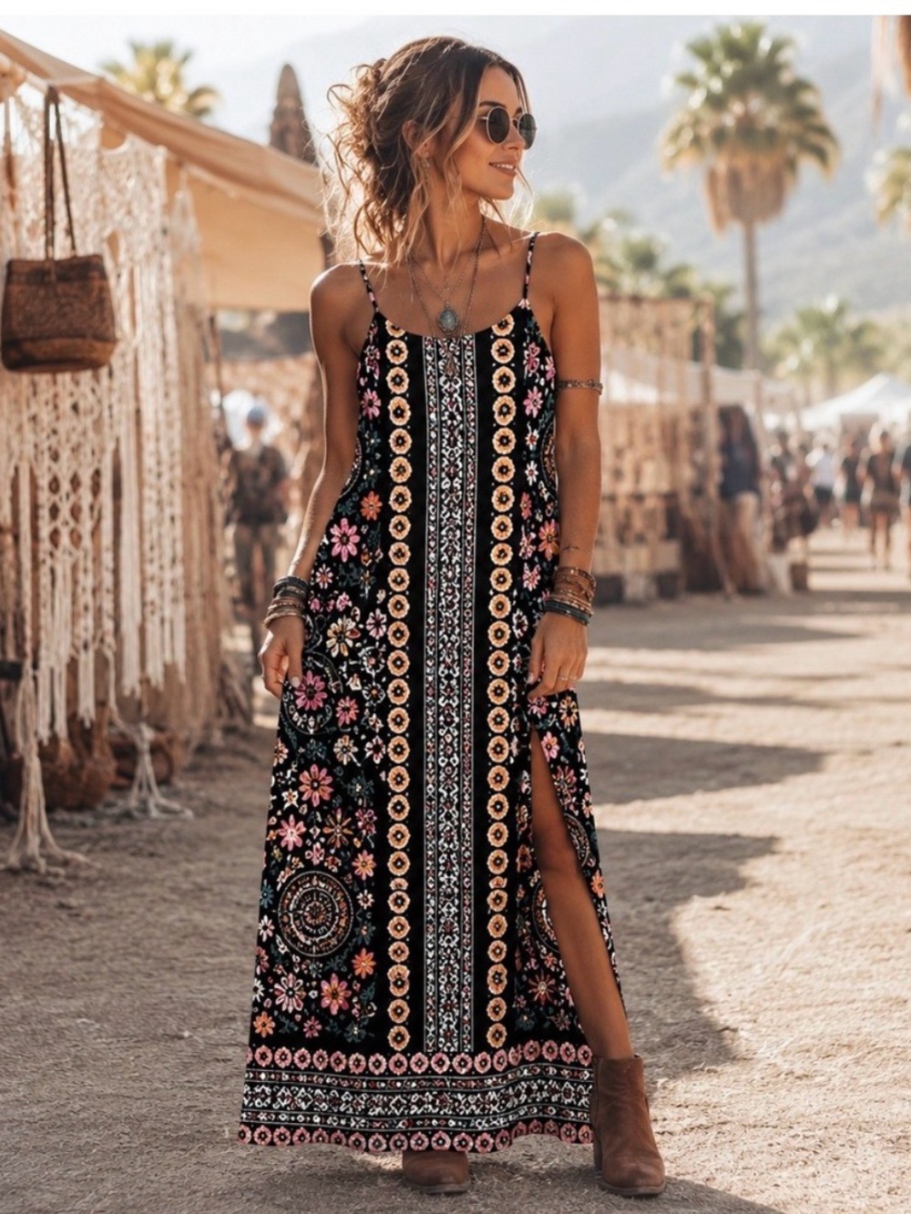 1. State Black Floral Boho Maxi Dress with Side Slit